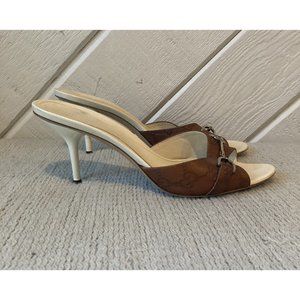 GUCCI Brown Leather Monogram Kitten Heels Mules Women's Shoes EU 38C US 6.5
